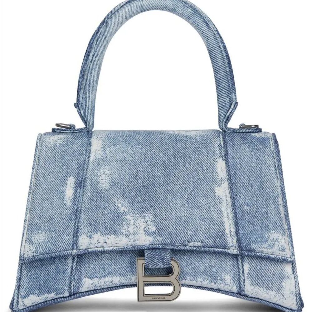Balenciaga Hourglass Indigo Calfskin Leather Denim Small Top Handle Bag